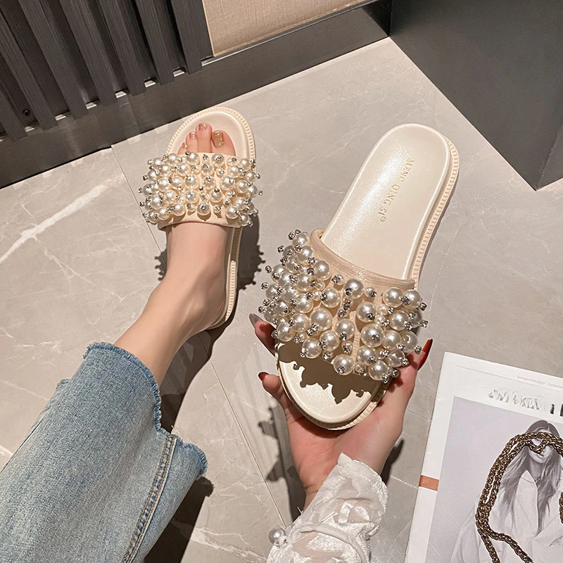 Pearl Rivets Thick Bottom Women Slippers Crystal Beading Flip Flops Lace Band Platform Sandalias Mujer Pearl Slides Big Size 43