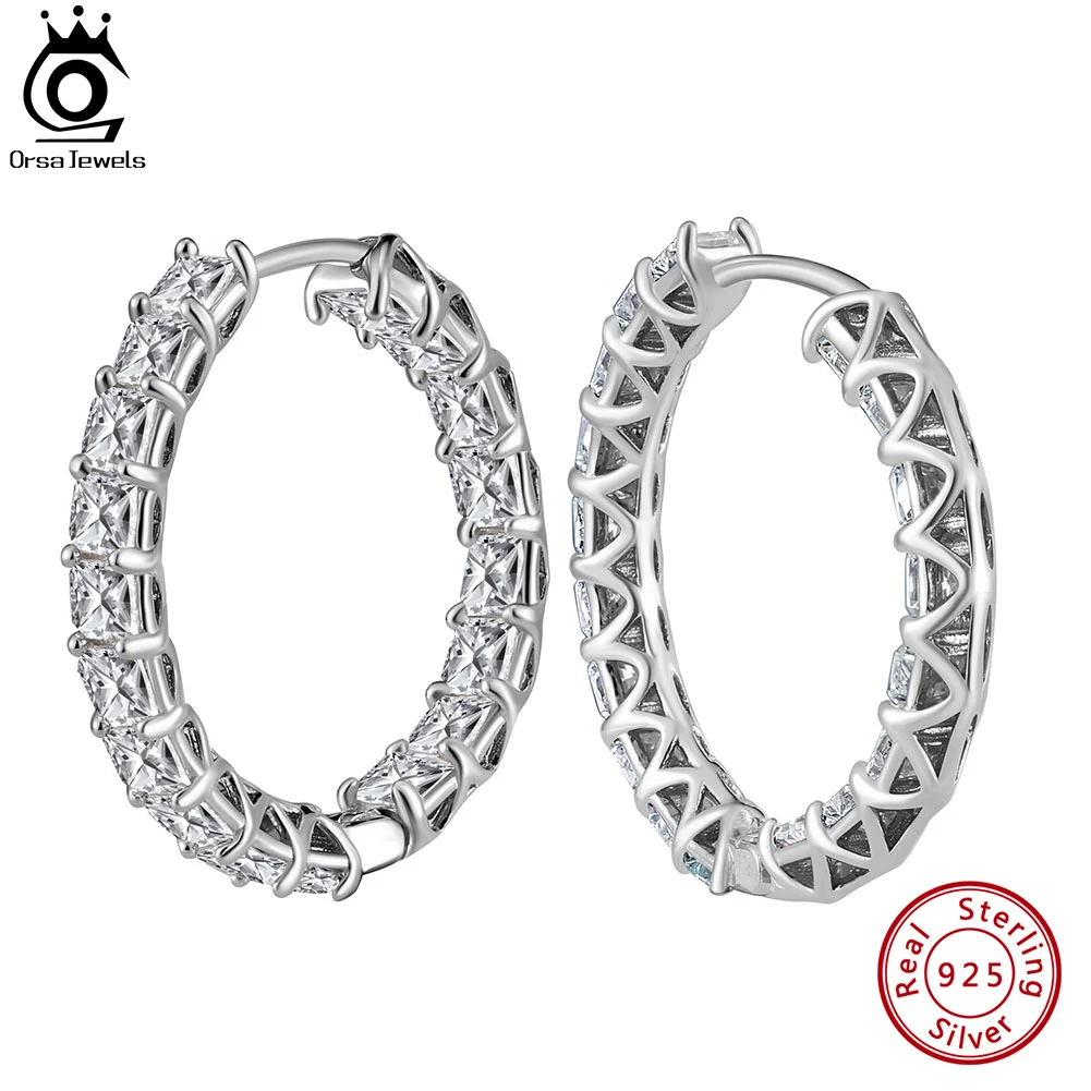 

ORSA JEWELS 8A Cubic Zirconia CZ Hoop Earrings 925 Sterling Silver Circle Big Earrings Rhodium Plated Crystal Ear Jewelry LZE14