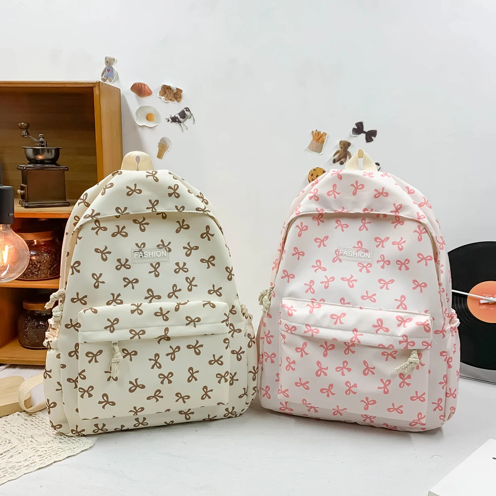 Nylon Student Backpack Bow Printed for Girls Women Schoolbag Adjustable Strap Travel Bag Cute Knapsack Rucksack