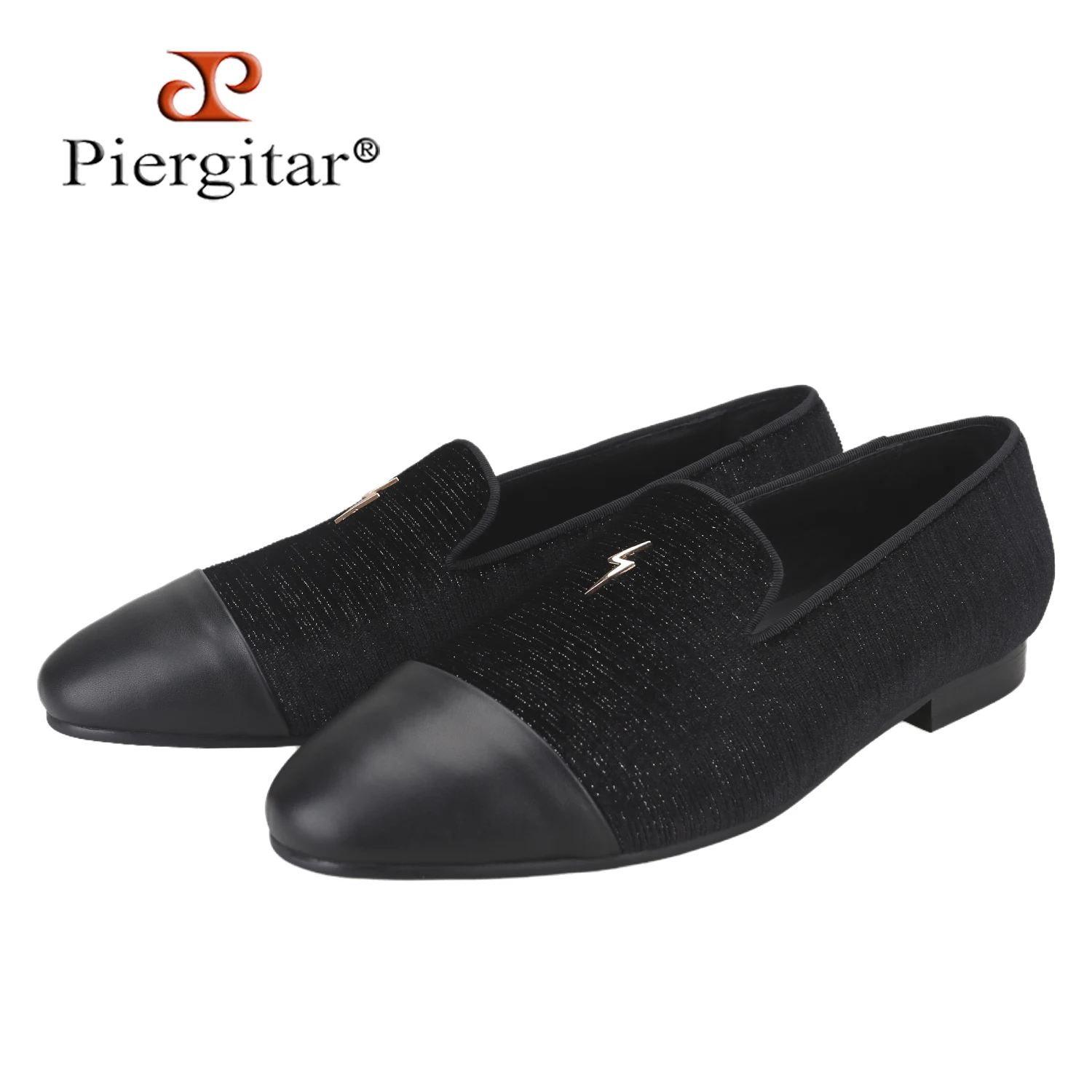 Piergitar Summer Model Gold Foiling Velvet Belgian Loafers Handmade Men's Smoking Shoes With Luxury Brand Lightning Metal Buckle