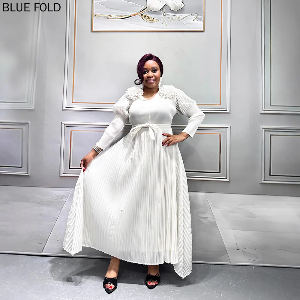

Plus-size Women's Long Dress Light Luxury and High-end Feel Miyake Pleated Long-sleeved Dress European and American Vacation