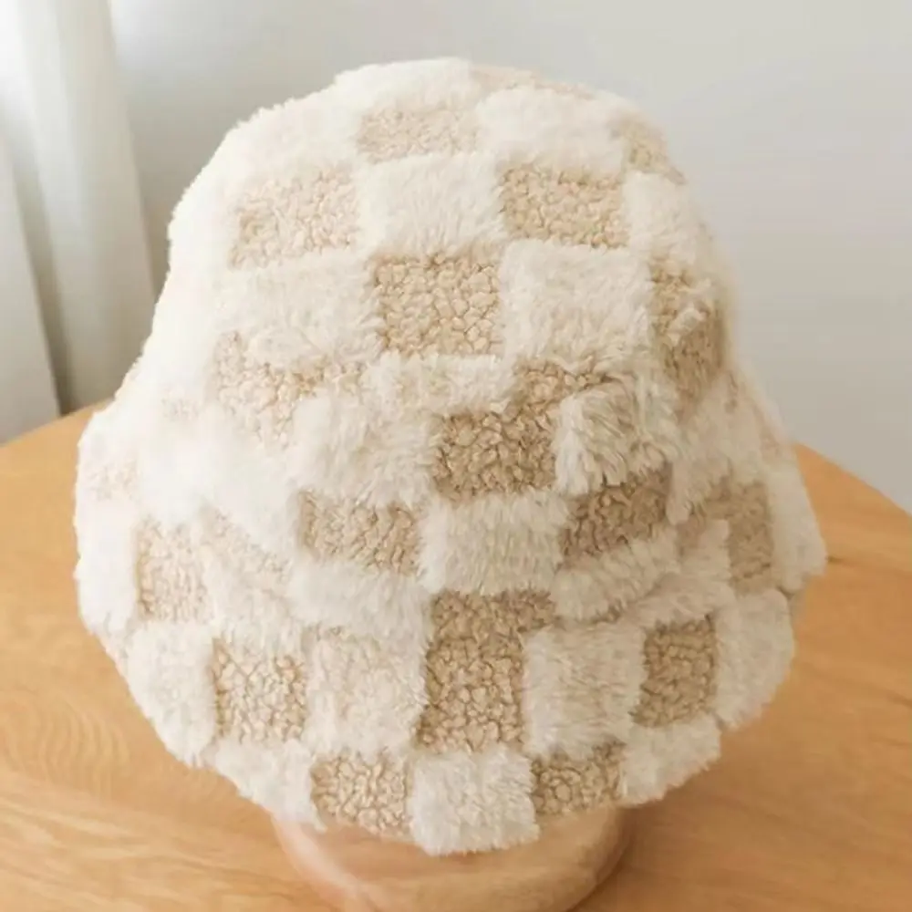 Elegant Plaid Checkered Women Bucket Hat Adjustable Faux Fur Checkered Basin Hat Wind-Resistant Warm Basin Cap Travel