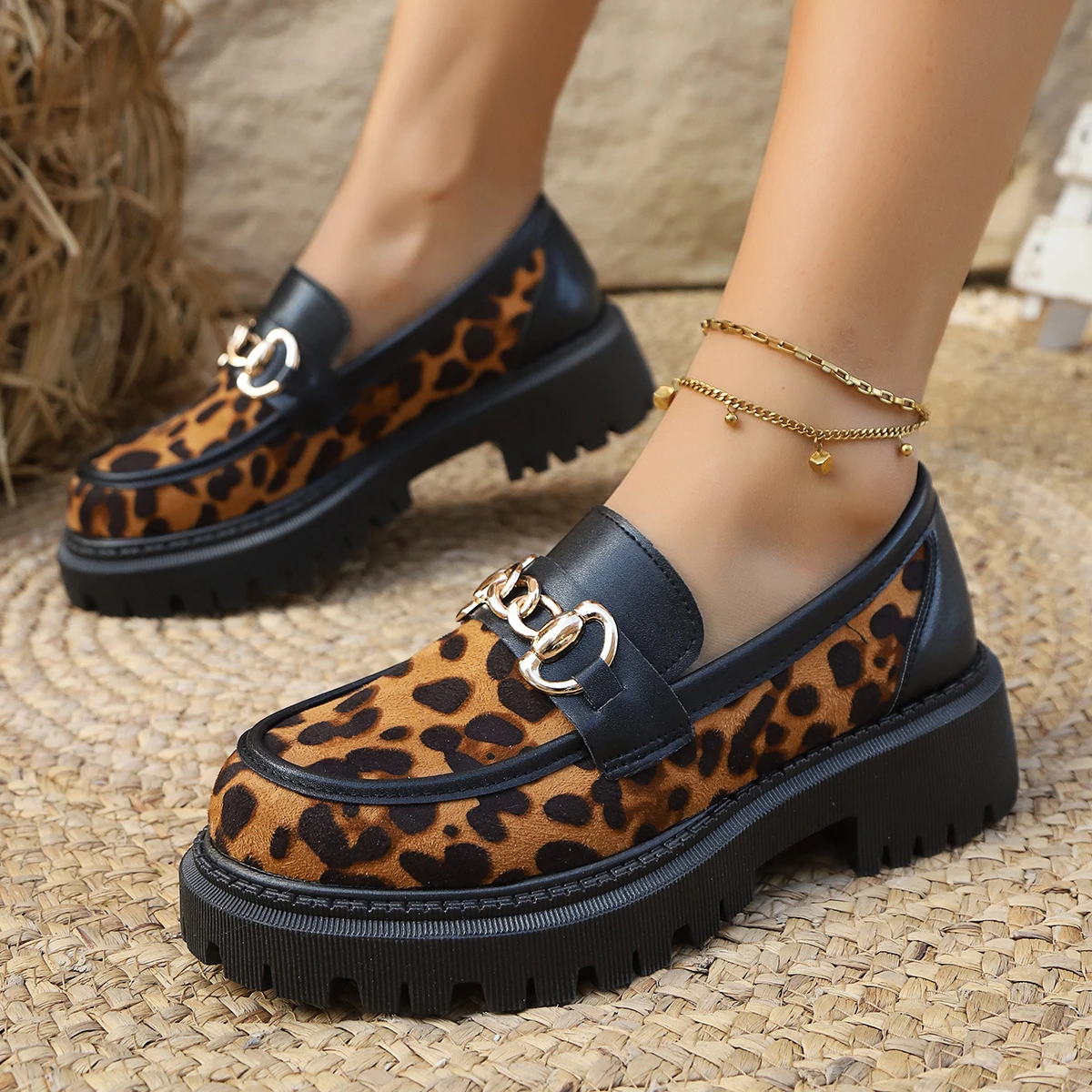 Damenmode Leoparden-Patchwork Slip-on Loafers mit Blockabsatz und Plateau, 2026 Neu, runde Zehenpartie, Freizeitschuhe, Übergröße 42 – Detail 1