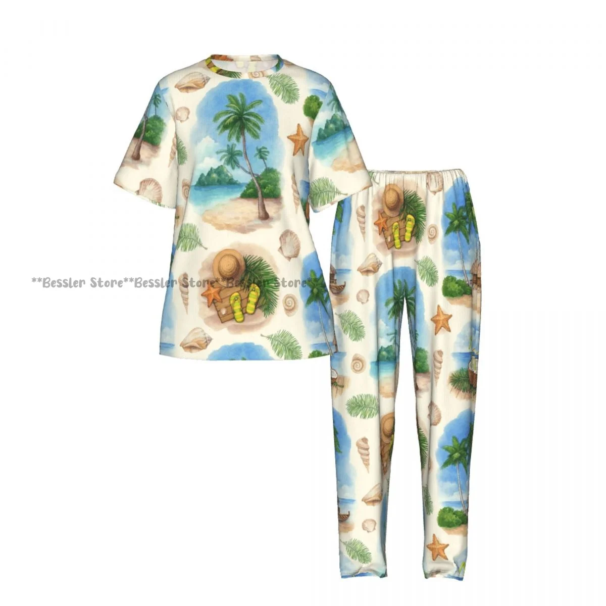 Women's Comfort Pajamas Women's Watercolor Tropical Paradise Short Sleeve Set Sleepwear