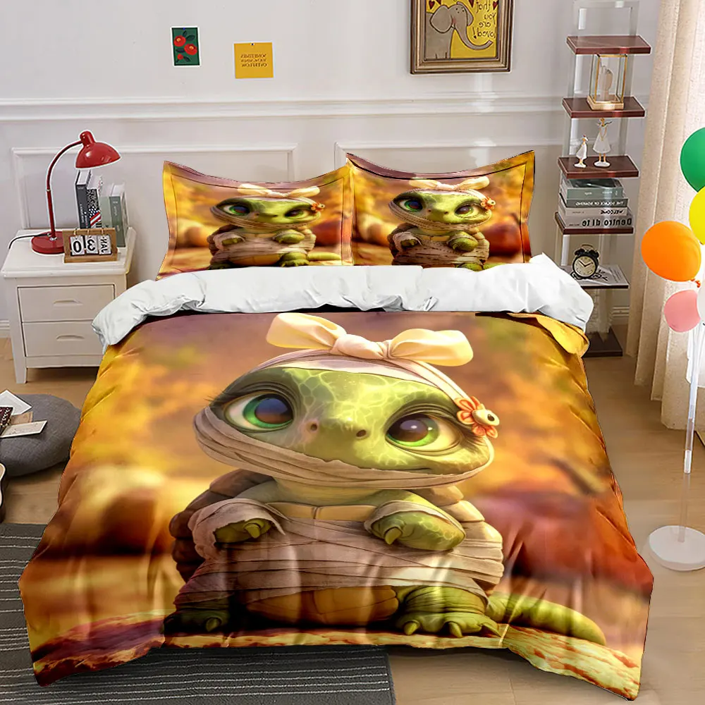 Turtle with head bow and bandage Bedding Set for Kids Luxury Gift 3pcs Digital Print Comforter Set Soft Comfortable Breathable