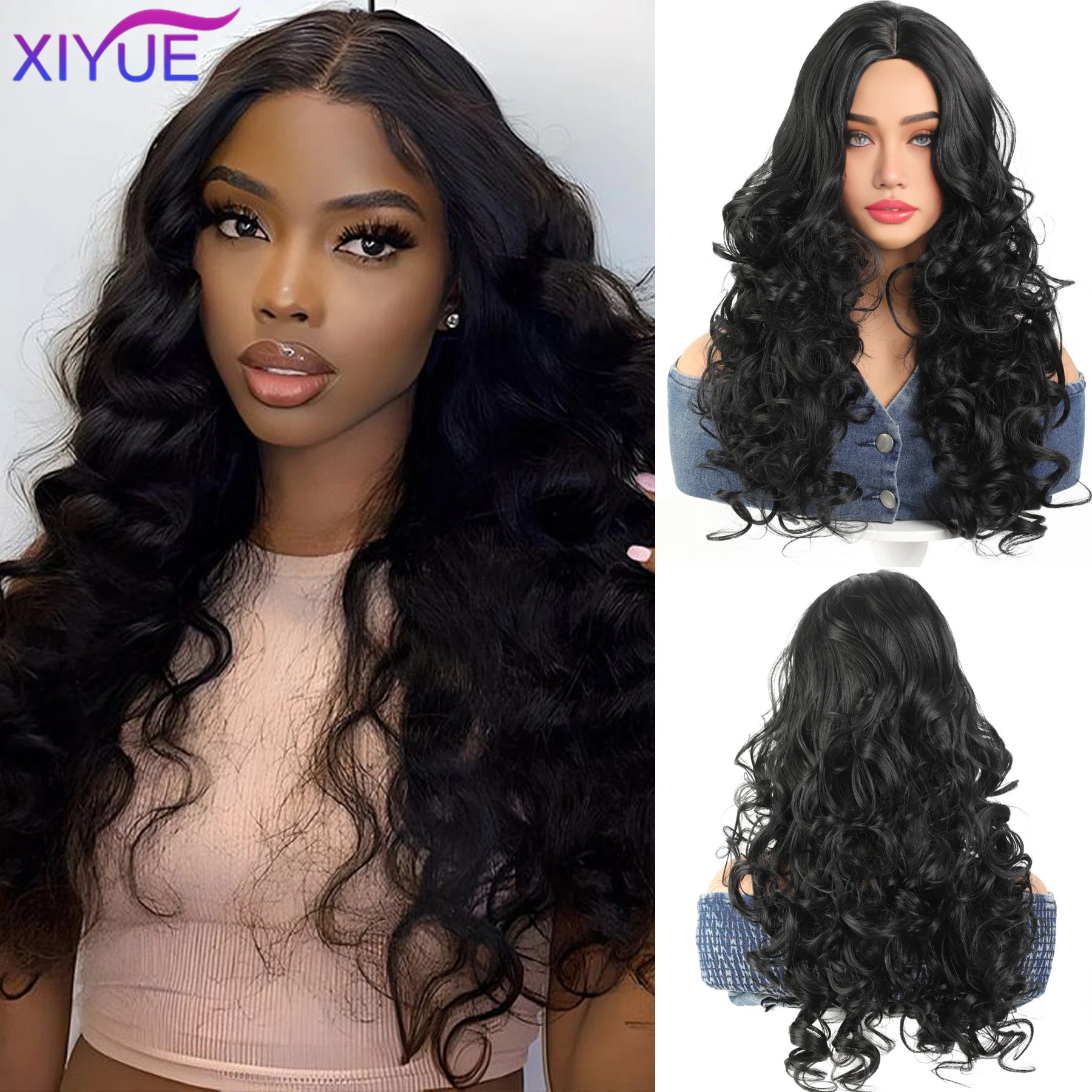 

XIYUELong Kinky Curly Synthetic Wigs for Women Black Wig Middle Part Curly Wavy Wig Synthetic Heat Resistant Fiber Wig For Daily