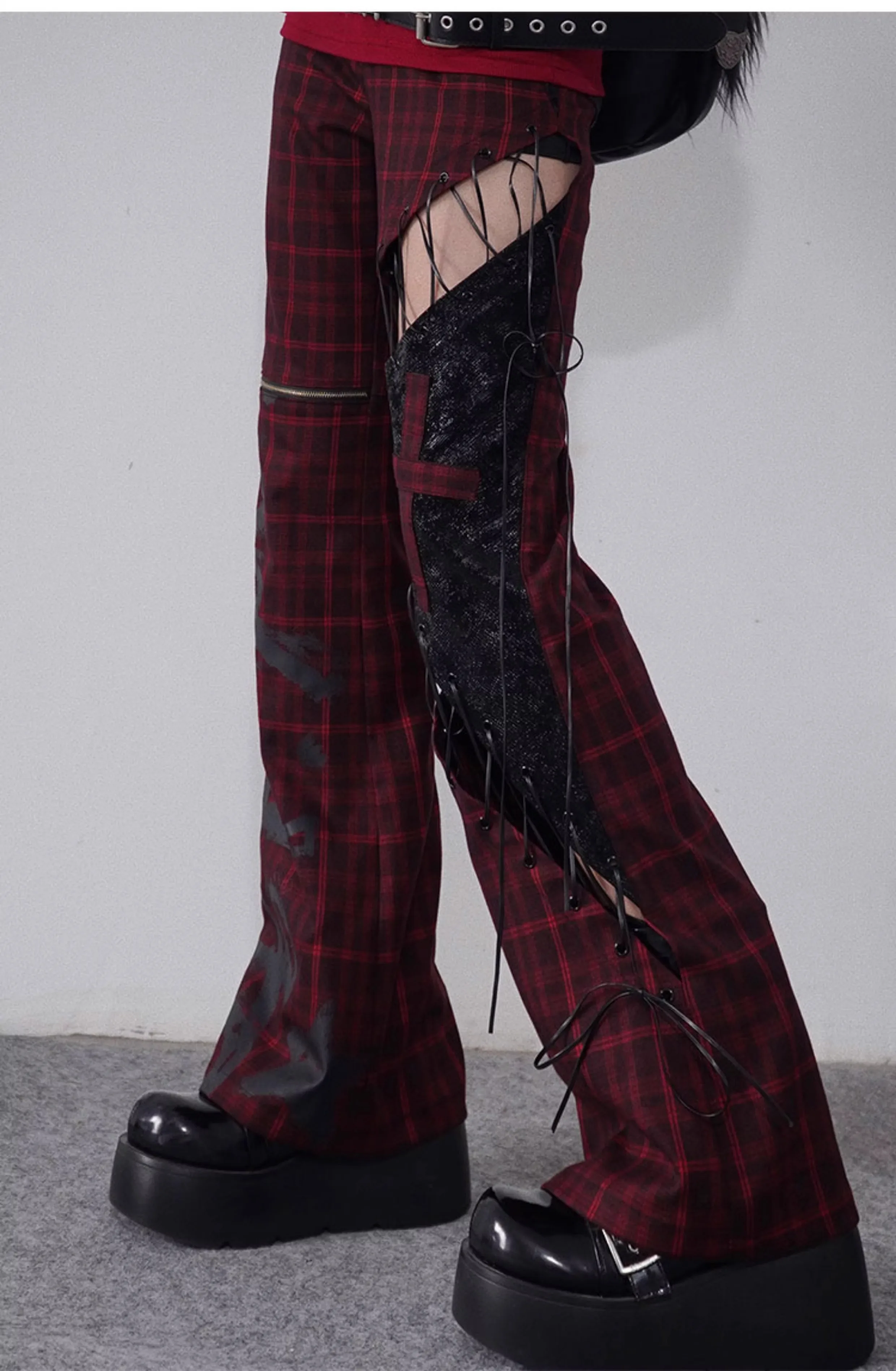 original design punk goth long flare pant red wine hollow out plaided lace-up cross punk rock women fashion pants capris