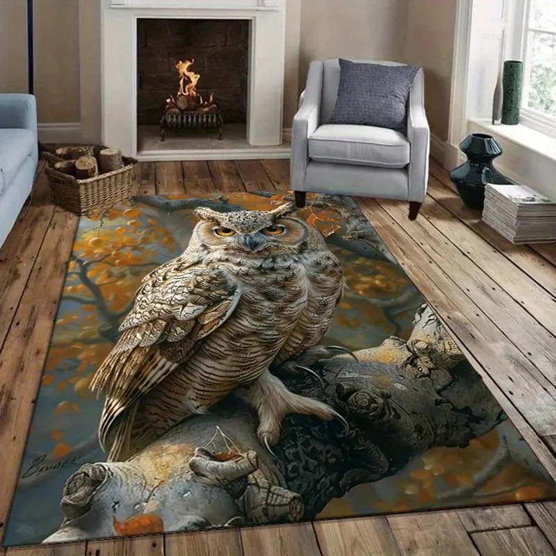 Realistic Owl on Branch Rug for Cozy Living Rooms - Wildlife Themed Carpet, Animal Print Decor, Rustic Home Style
