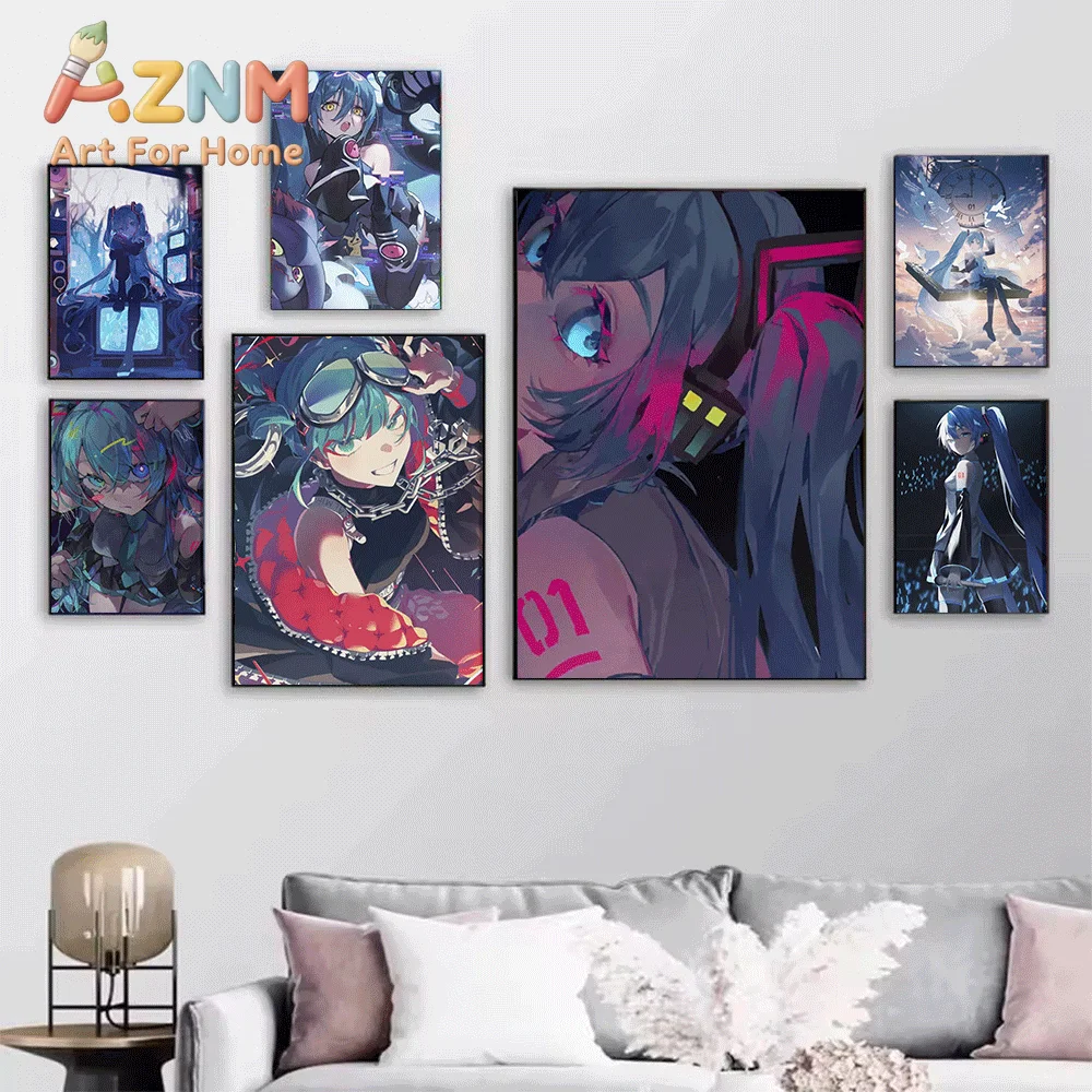 AZNM Hatsune Miku Underwater Theme Canvas Painting, Frameless Canvas Wall Art, Virtual Singer Anime Wall Painting for Bedroom