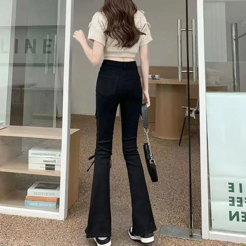 Hollowed Out Lace-Up Denim Flared Pants Women Clothes Spring Summer High Waist Show Thin Wide-Leg Slit Jeans Female Trousers New