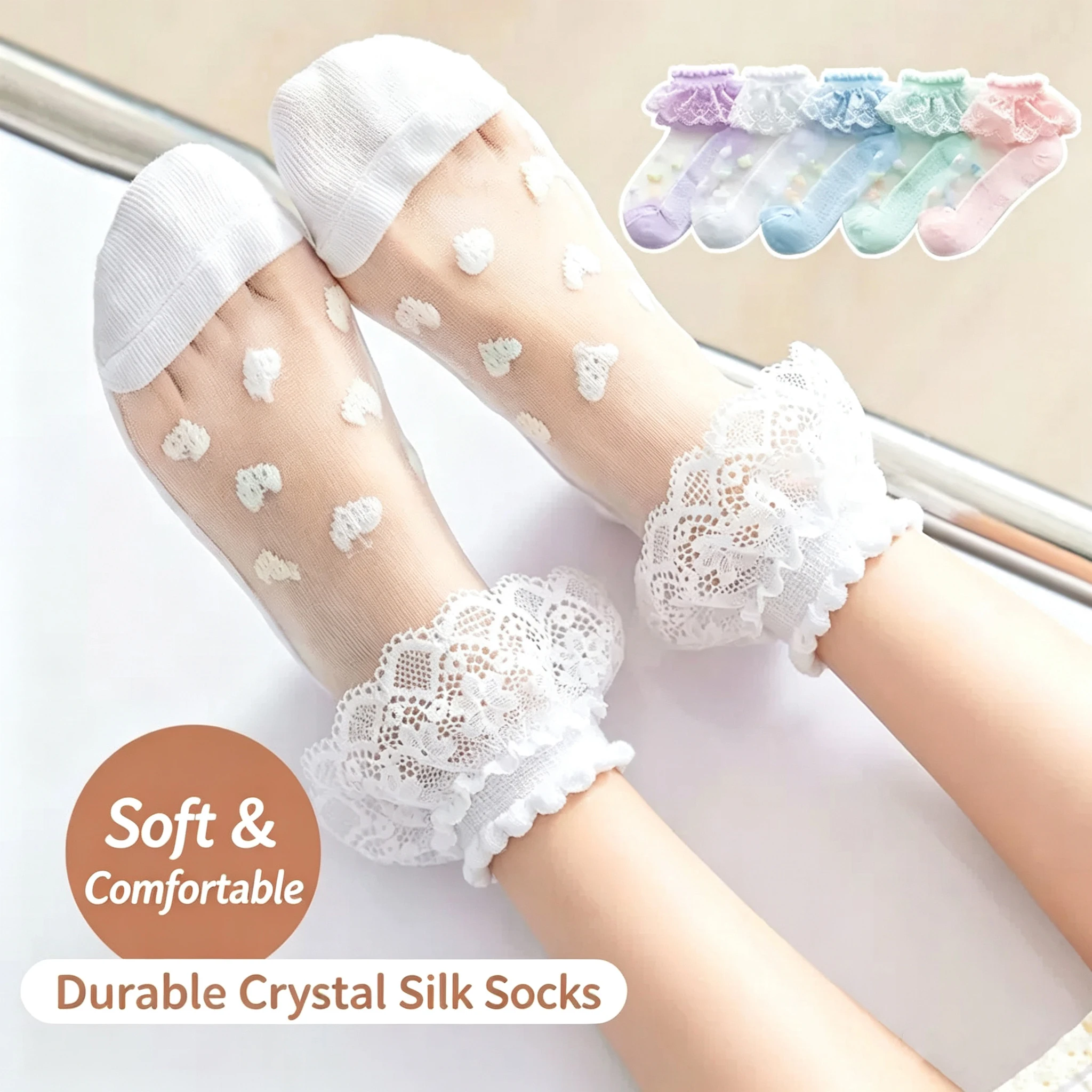 5 Pairs Girls Frilly Lace Ankle Socks Summer Thin Sheer Crystal Mesh Heart Pattern Princess Breathable Socks For Little Girls
