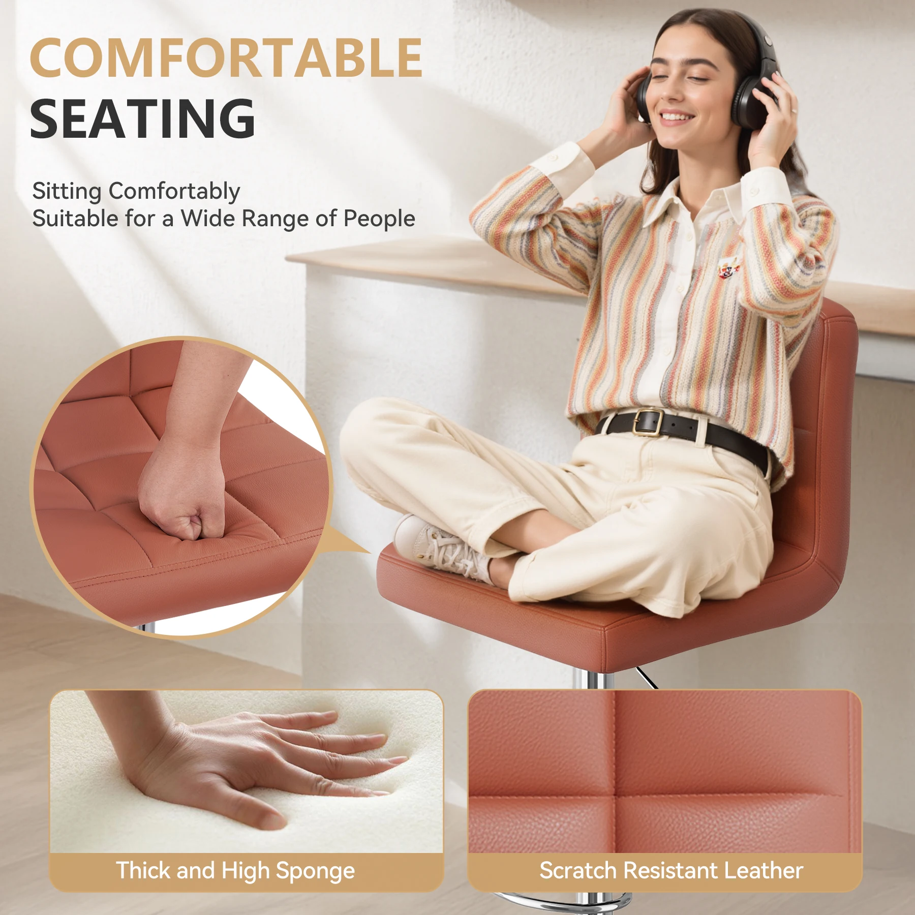 طقم مقاعد بار مكون من قطعتين - 360 °   مقاعد من جلد البولي يوريثان مع مسند للقدمين بارتفاع قابل للتعديل، للمطبخ أو غرفة الطعام أو البار المنزلي #4