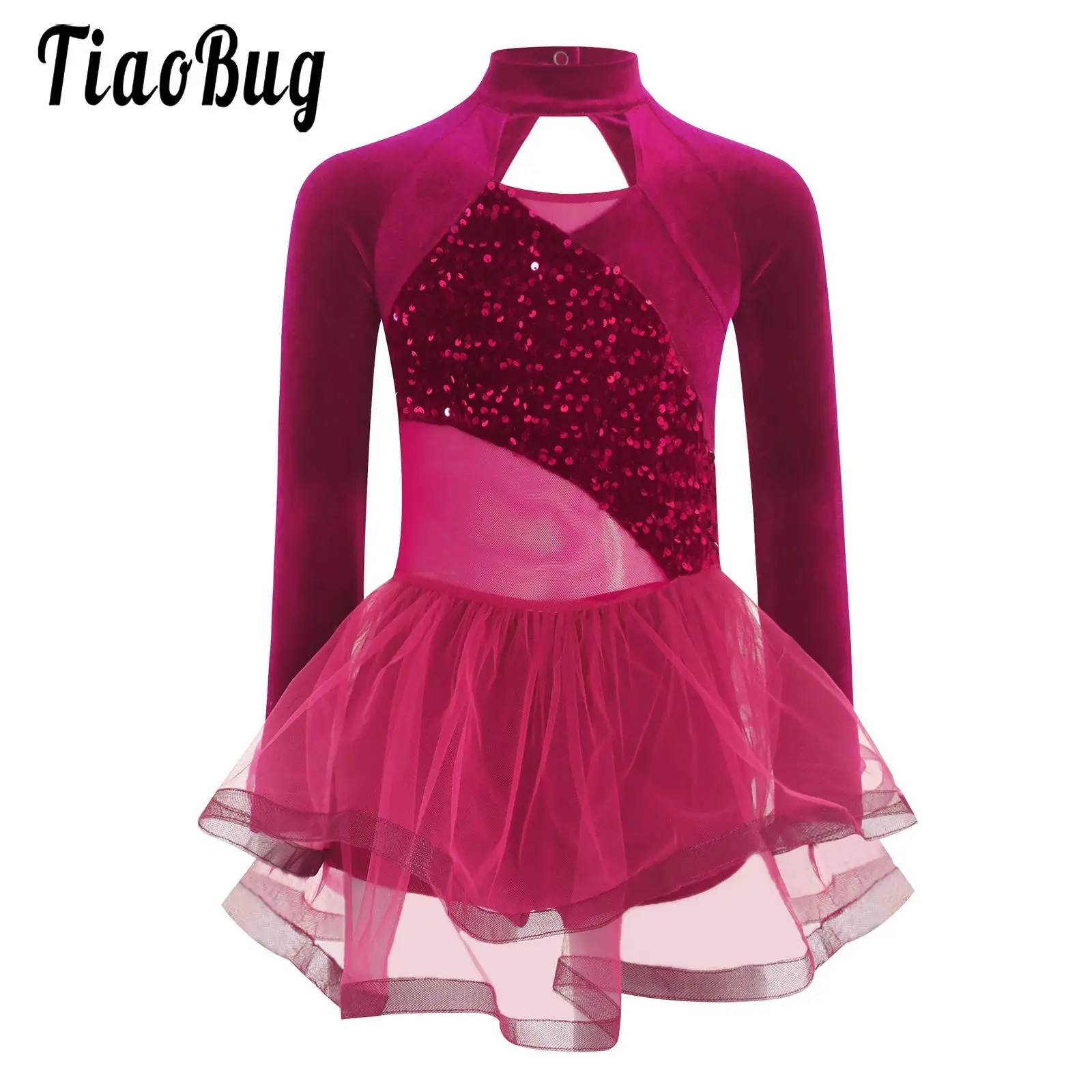 

Kids Girls Leotards Tutu Dress Long Sleeve Velvet Sequins Bodysuit Patchwork Tulle Skirts Ballerina Skating Performance Clothes