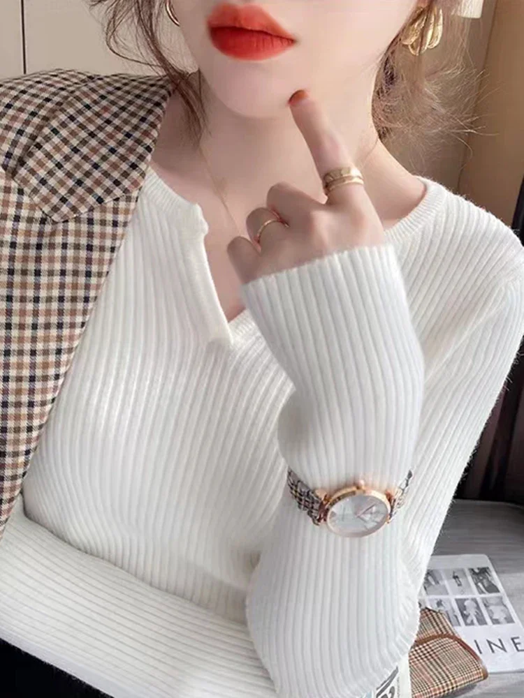 

Pop Autumn Winter V-neck Women Sweater Knitted Pullovers Fashion Korean Solid Knitwear Jumpers Sweaters Female Tops