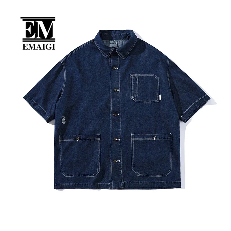 Summer Japanese Fashion Vintage Denim Shirts for Men Korean Streetwear Loose Casual Short Sleeve Denim Cargo Shirts Jacket