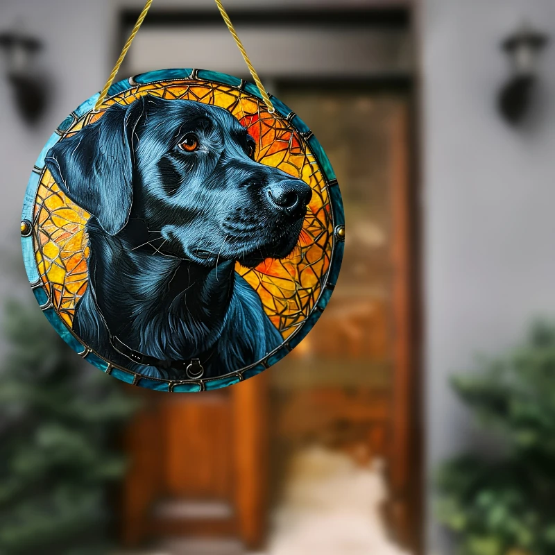 Black Labrador Retriever Stained Window Hanging Sun Catcher Dog Gift for Mom Family Lover Acrylic Round Garland Sign for Garden