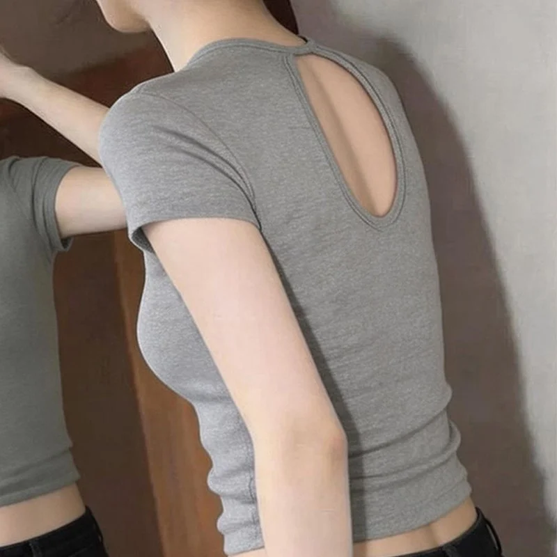 Elegant Short Sleeve Back Hollow out T-Shirt Women's Fashion Design Summer New Style Slim Fit Unique Top Polyester Fiber