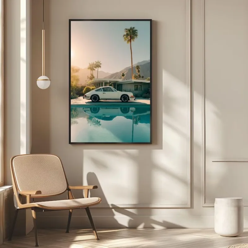 Mid-century Luxury Sports Car Poster Villa and Palm Tree Automotive Photography Canvas Painting Wall Art Living Room Home Decor