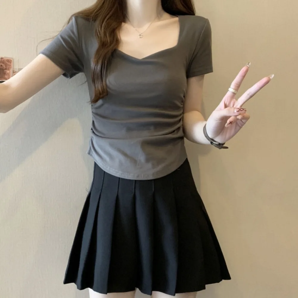 

Sweet Slim Fit Y2K Crop Tops Short Sleeves Pleated Korean T-shirt Summer Women Clothing Solid Short T-shirt Ladies