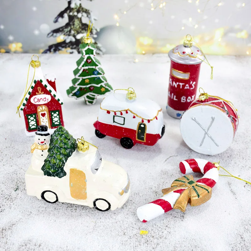 Christmas Cartoon Car House Snowman Garland Drum Colored Shaped Ball Christmas Tree Decor Pendant Xmas New Year Hanging Ornament