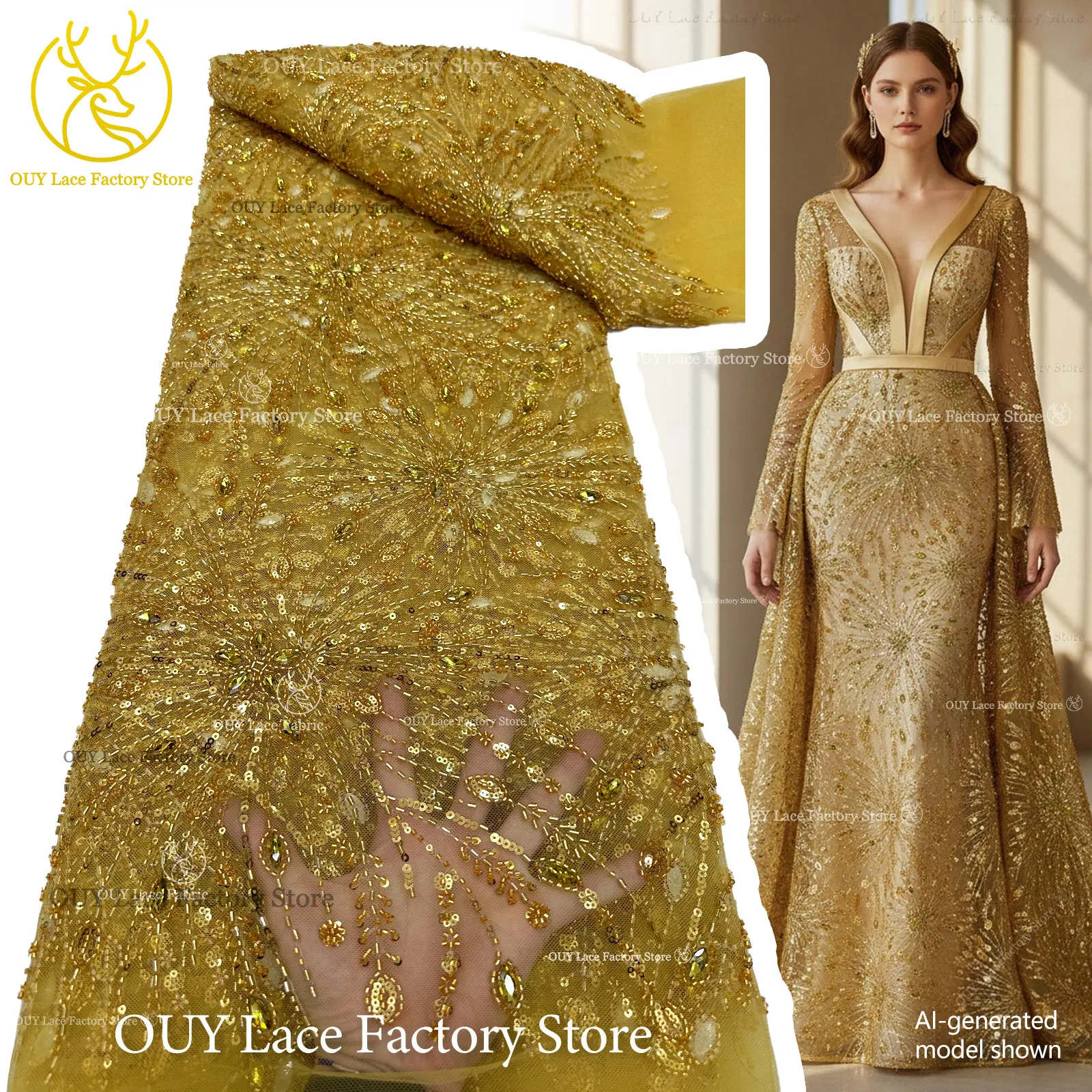 

Gold French Gemstone Beaded Embroidery Lace High Quality Nigerian Mesh Sequins Tulle Lace African Lace Fabric For Women Dress