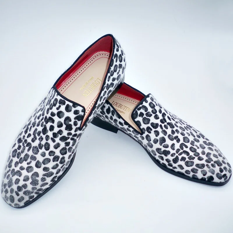 

Men's Luxury Handmade Leather Loafers Black White Horsehair Slip-On Flats Leopard Print Casual Dress Shoes