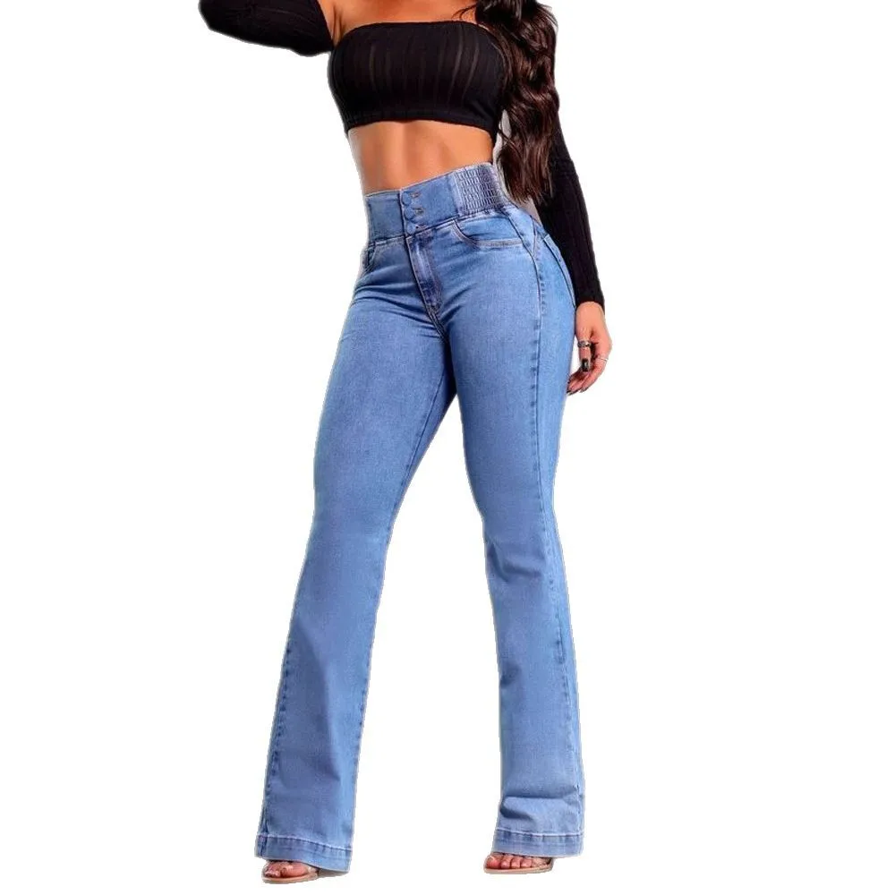 Women's Back Shirred Button Front Jeans High Waist Pants with Pockets