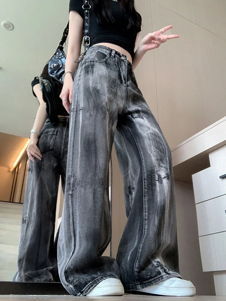 

American retro tie dye design wide leg jeans women's new loose High Waist pants