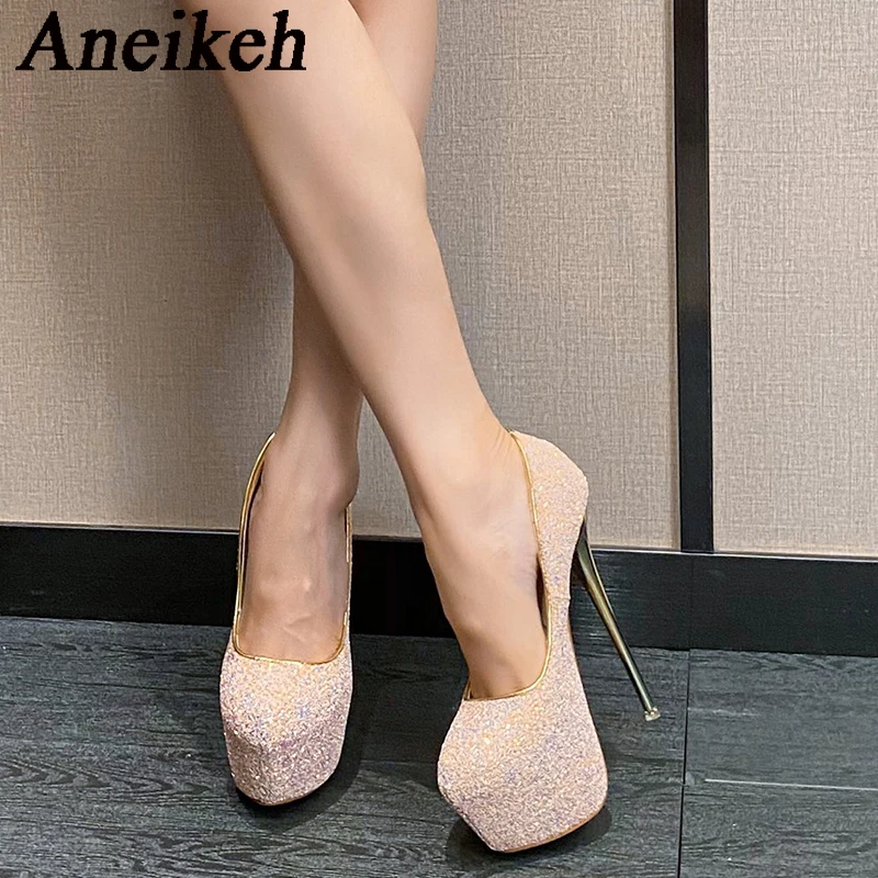 Aneikeh2024 Sequined Cloth Platform Super High Heels Women\'s Fashion Sexy Round Head Thin Heels Single Shoes Party Wedding Mules