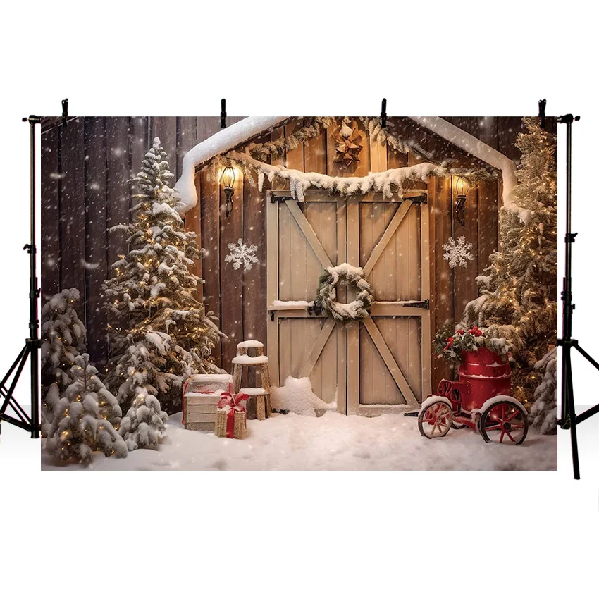 Mehofond Christmas Rustic Wooden Door Decoration Studio Backdrop Pine Forest Night Snowflake Background Child Portrait Photozone