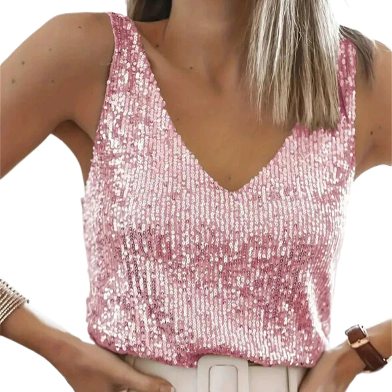 Damen-Pailletten-Tanktop mit V-Ausschnitt, ärmellos, glitzerndes Camisole-Top, Glitzer-Party-Weste, Clubwear, lässige Bluse, футболка+женская – Detail 2