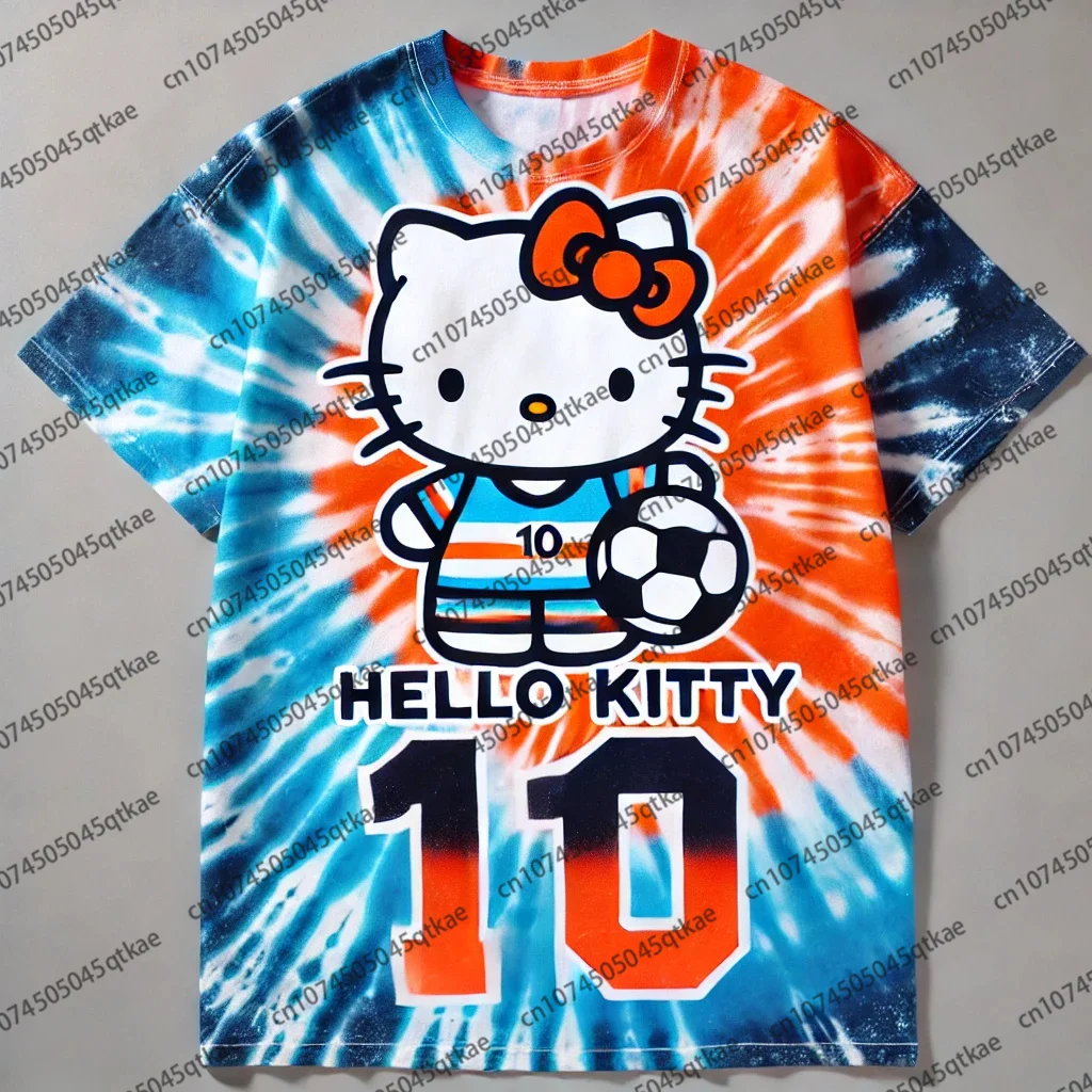 2025 New Hello Kitty Tie Dyed  3D Tshirt European American Fashion Brand Gradient Short Sleeve Women Summer Loose Top Streetwear