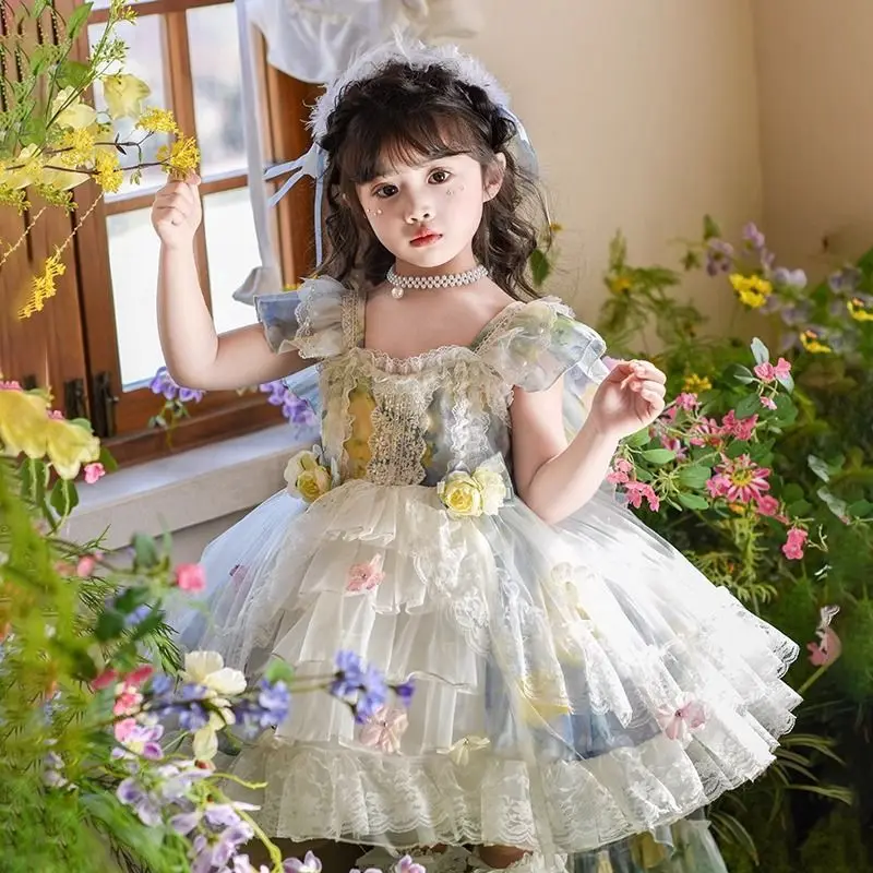 Summer Backless Lolita Ball Gown Girls Kids Sets Princess Floral Layed Dress Birthday Party Childrens Gauze Clothing Wedding Sun