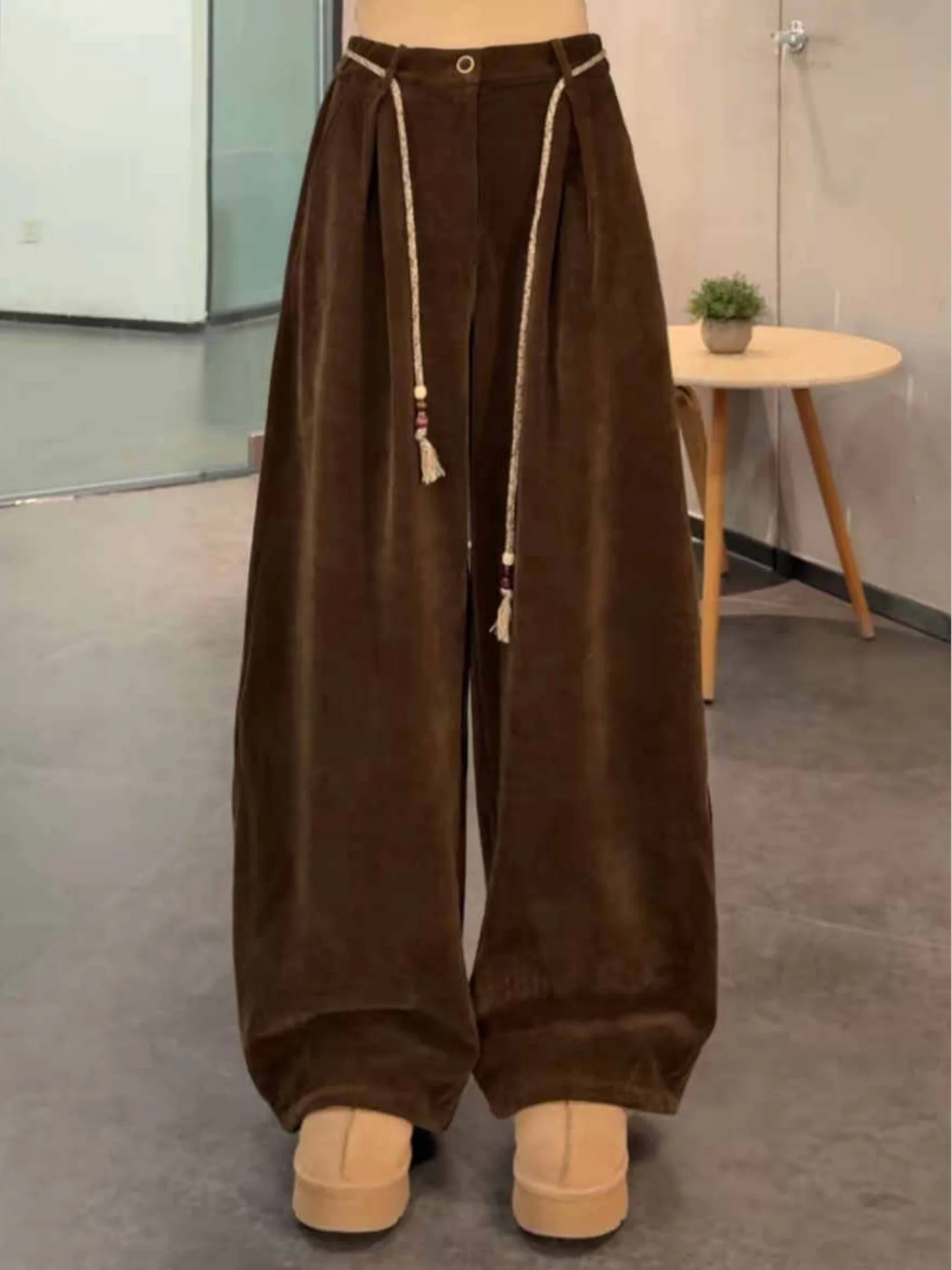 

Retro Lazy High Waist Dstring Wide Leg Pants Women's Faionable Slimming Casual Drapey Floor-Length Pants Commute Sle