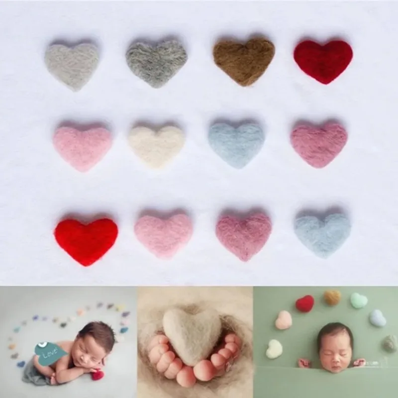 5pcs/pack Soft Wool Felt Heart Newborn Photography Props Adorable Solid Color Handmade DIY Studio Baby Photo Shoot Accessories
