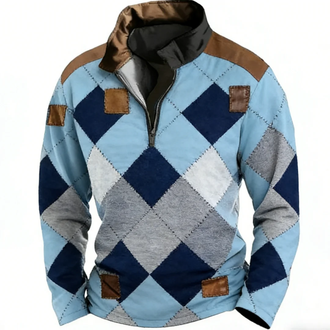 

Fashion Patch Design Half Zipper Sweatshirt Vintage Trendy Men's Clothing Daily Casual Tops Grid Printed Stand Collar Sportswear