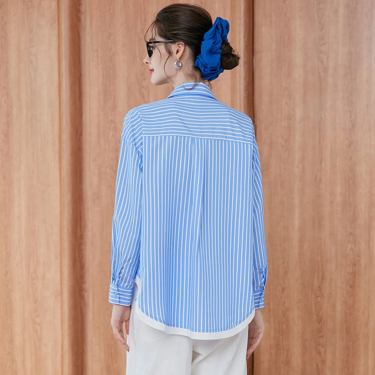 LOUIS YAO New Pocket Striped Women's Shirt 2025 Autumn Blouses Contrast Color Collared Shirt Drop-Shoulder Sleeve Tops
