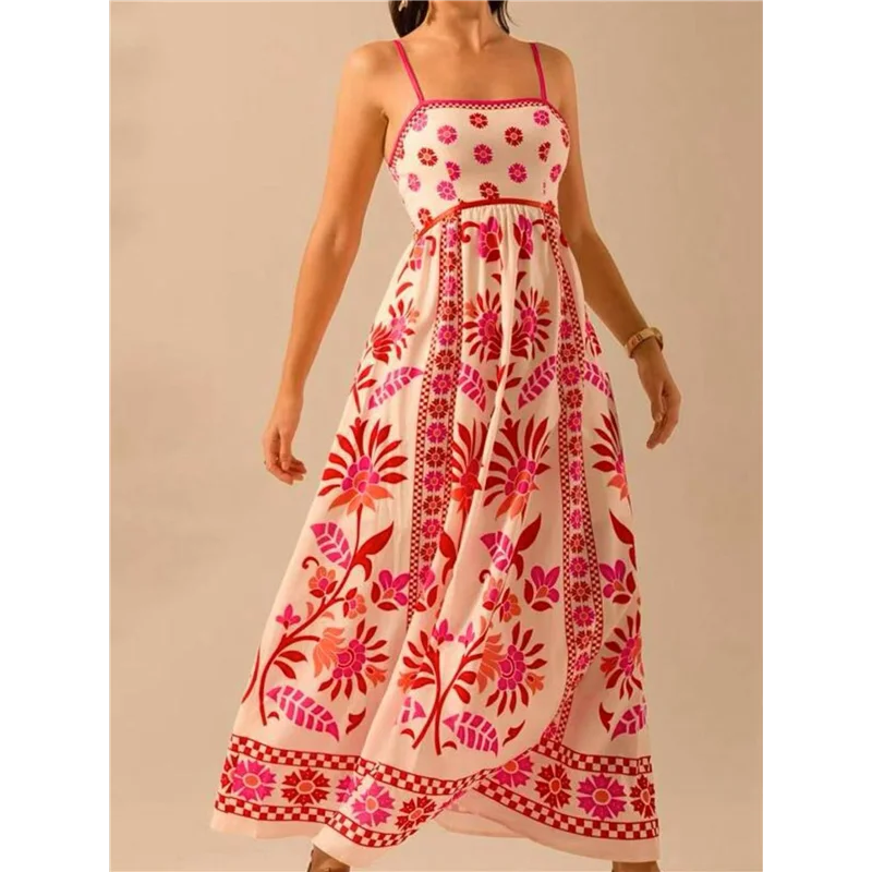 ABP-Vestito lungo floreale estivo da donna 2025, senza maniche, con cinturino per spaghetti, abito lungo da spiaggia Boho smock stampato
