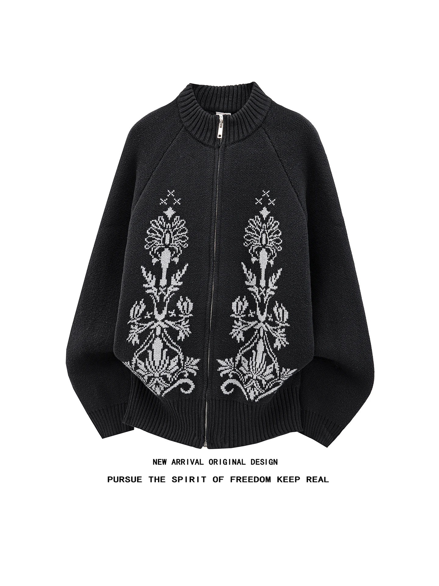Black Floral Embroidery Open Cardigan Knitted Sweater Men's Loose Casual Vintage Stand Collar All-Match Top for Autumn Winter