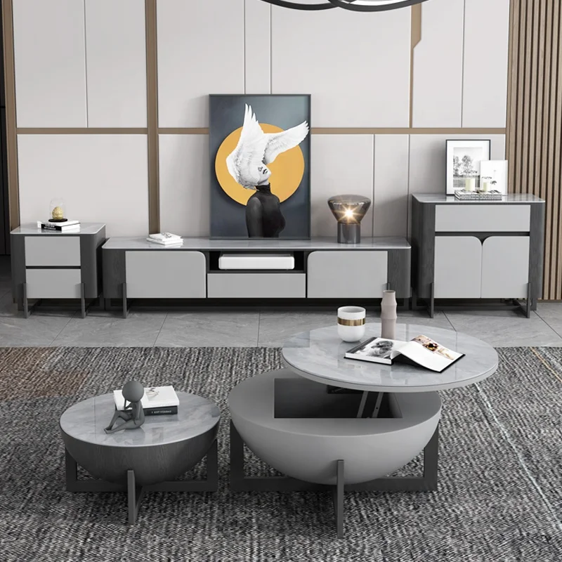 Black And Gray Metal Storage Modern TV Cabinet Stand Living Room Furniture MDF + Solid Wood + Metal + Slate Wooden