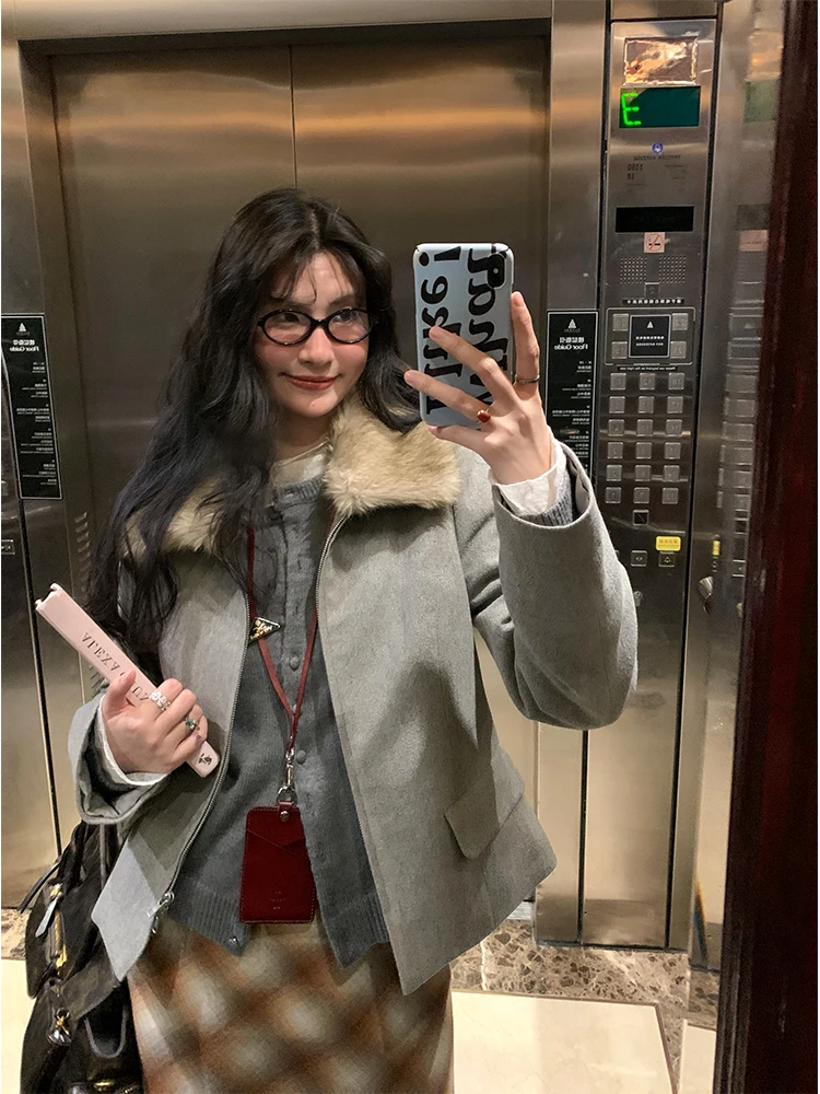 

MOWENTI ey Retro Collar Patchwork Women's Autumn Winter Double Zipper Cotton Jaet Street Sle Slim Fit Long Sve Coat