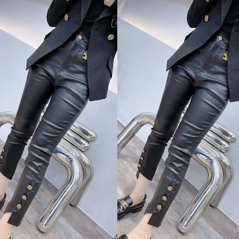 Women Autumn Winter New High Waist Slimming Smoke Tube Pants Button Decoration Straight XJ780