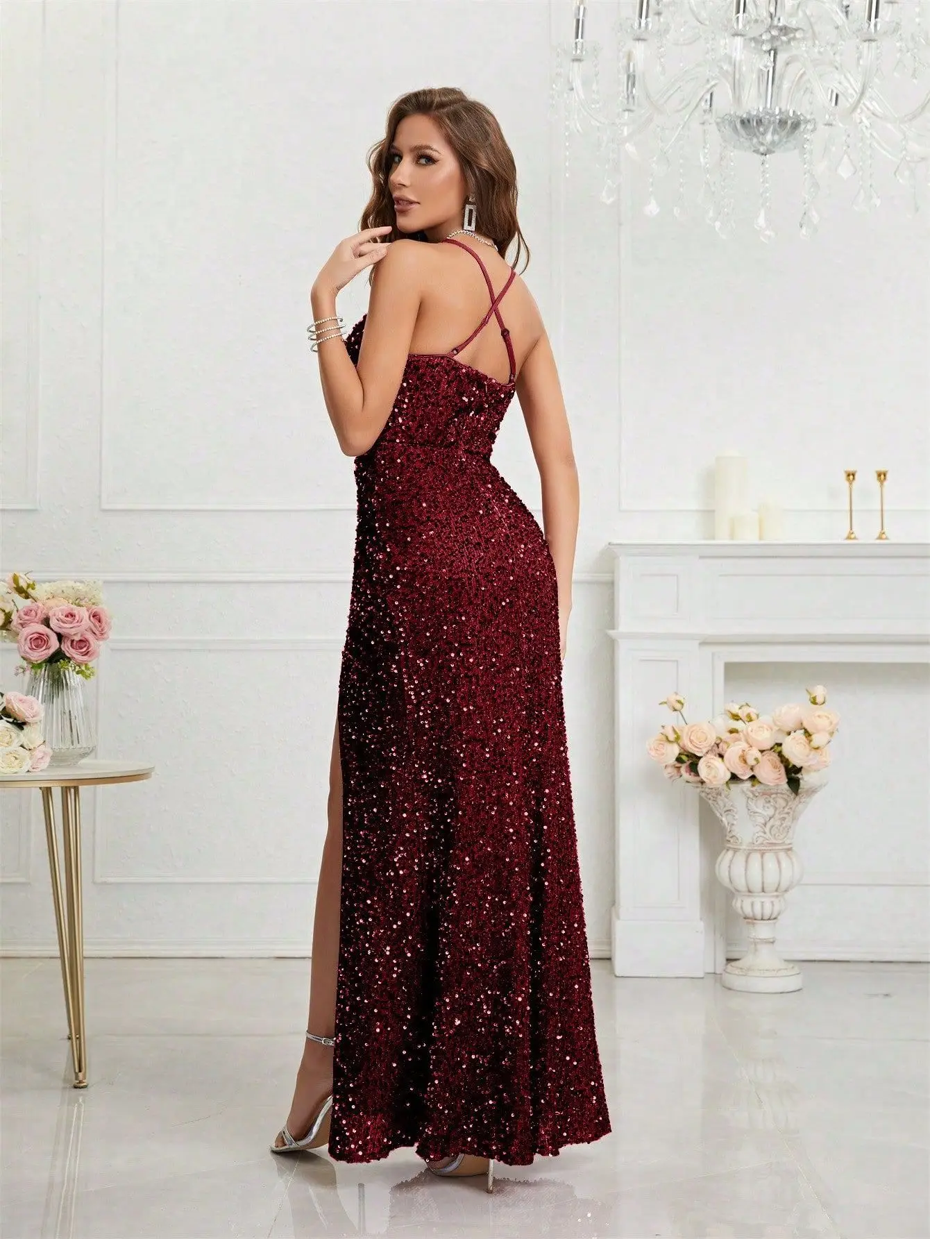 ICCLEK Dress For Wedding Guest Women Split Thigh Elegant Sequined Birthday Dress Burgundy For Women Wedding Party