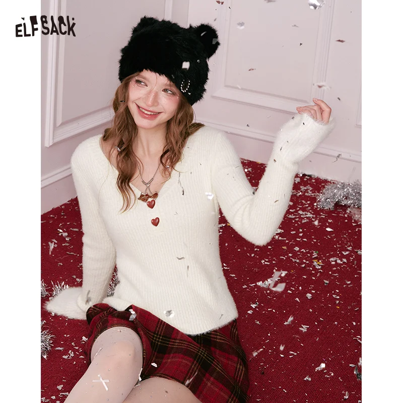 

ELFSACK Women's Long Sleeve V-Neck Pullover Sweater Slim Fit Heart-Shaped Buttons Sweet Preppy Cute Knit Fashion Winter Autumn