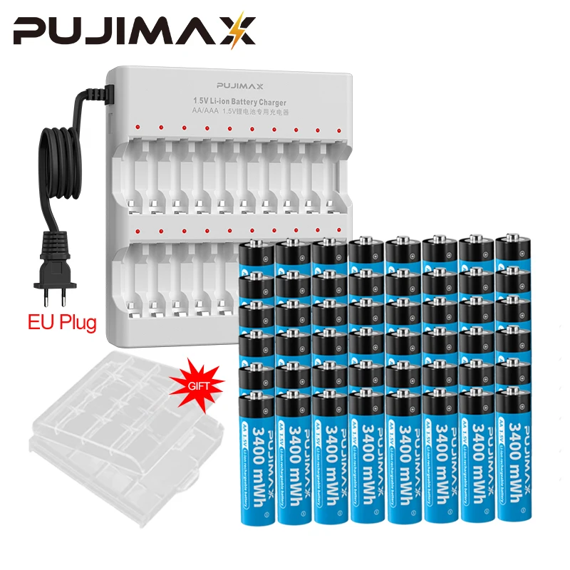 

PUJIMAX New Rechargeable Li-ion 20 Slots US EU Plug Li-ion Batteries Smart Battery Charger+20Pcs AA 1.5V 3400mWh Battery Durable