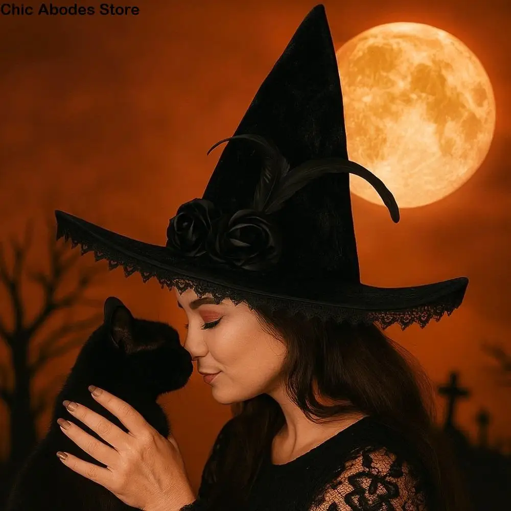 

Lace Halloween Witch Hat Rose Foldable Flower Wizard Cap Cosplay Accessories Party Props Feather Halloween Cap Women Men