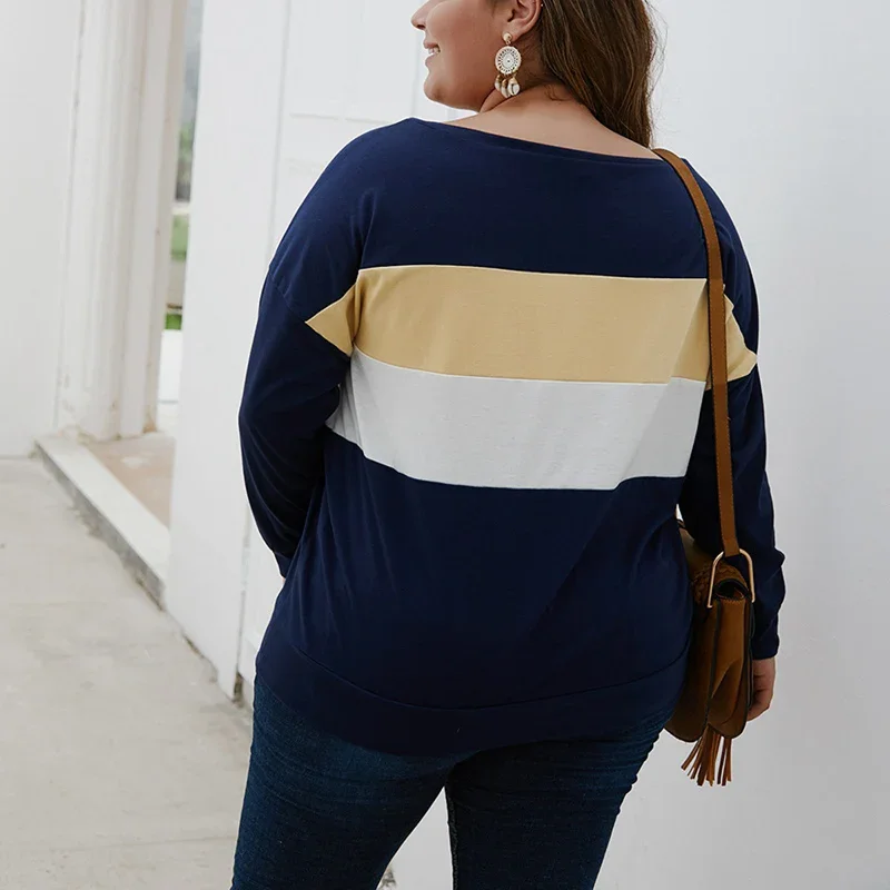 Herbst frauen plus größe casual T-shirt 6XL mode nähte gestreiften rundhals langarm T-shirt