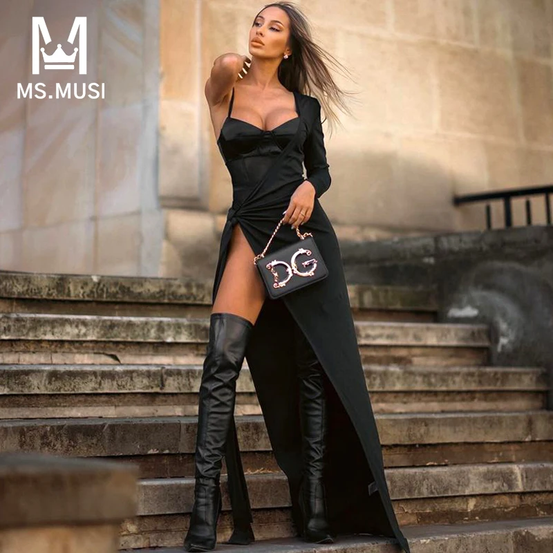 

MSMUSI 2024 New Fashion Women Sexy Strap One Shoulder Lace Mesh Draped Fold Backless Bodycon Party Club Slit Maxi Dress Gown