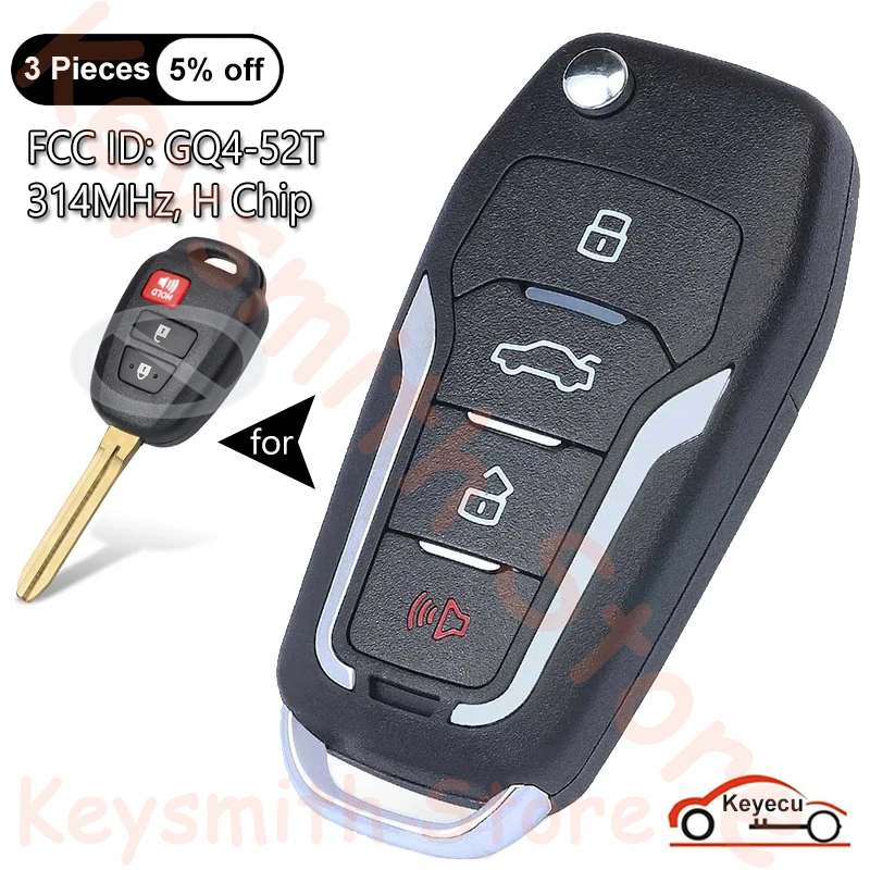 KEYECU 4 Buttons 314MHz H Chip for Toyota Highlander RAV4 Sequoia Tundra Tacoma Auto Upgraded Flip Remote Key Fob FCC# GQ4-52T