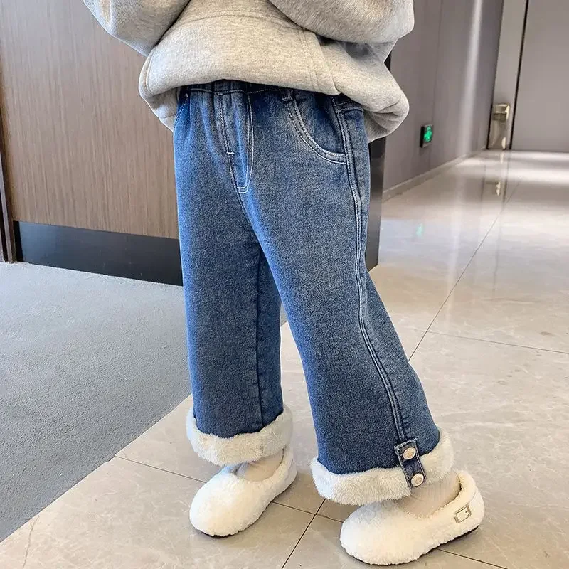 Thick Velvet Lined Girls Jeans Wide Leg Pants Winter Warm Elastic High Waist Kids Vaqueros Pantalones New Plush Children Jeansy